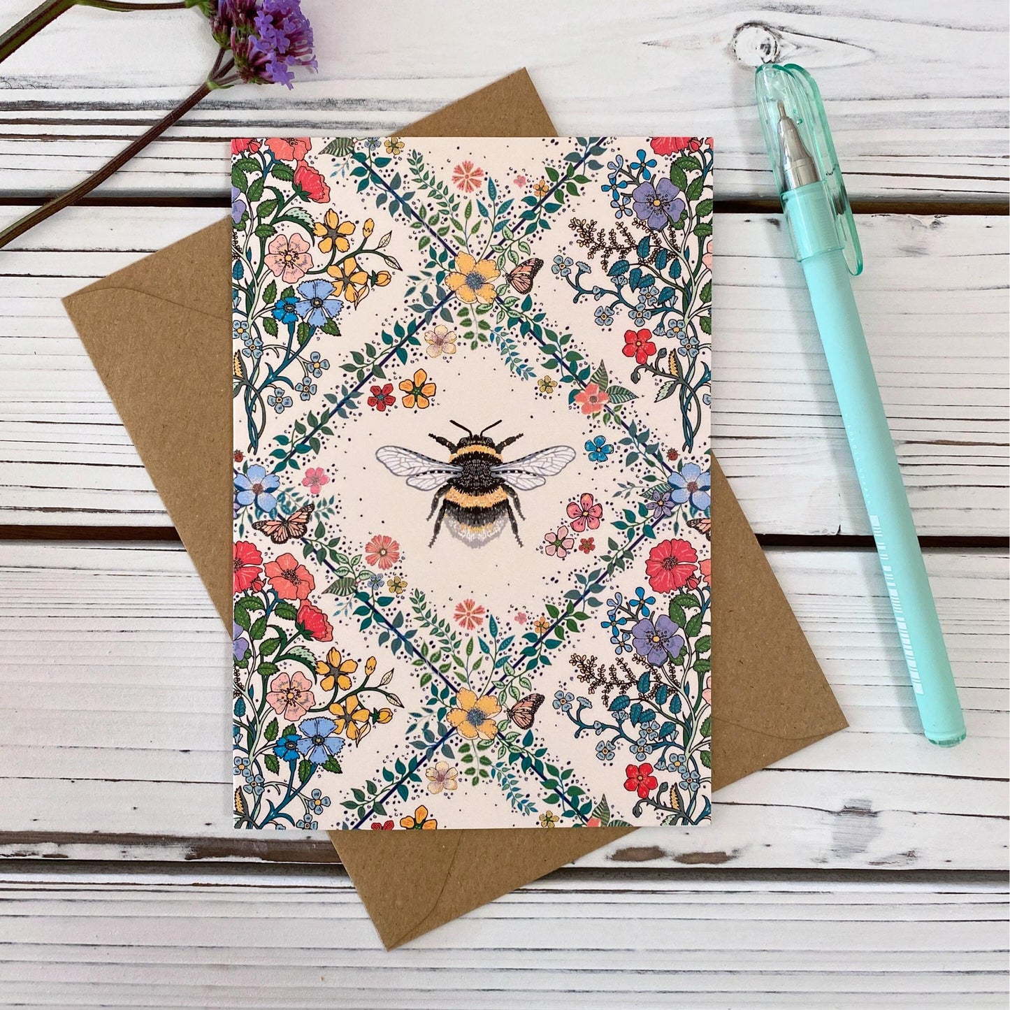 Cream Bumblee Bee & Ditsy Greeting Card