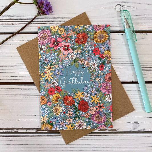 Happy Birthday Teal Floral Greeting Card